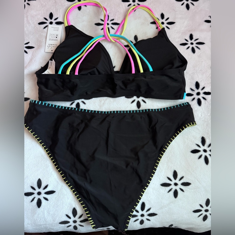 Cupshe Black Bikini with Aqua, Yellow & Pink Details - Picture 2 of 2